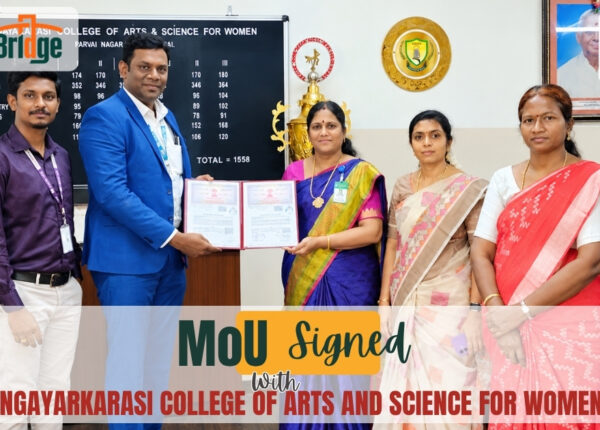 Mangayarkarasi College MoU with CampusBridge signed by Dr. Uma Baskar and Mr. Veerabaskaran K